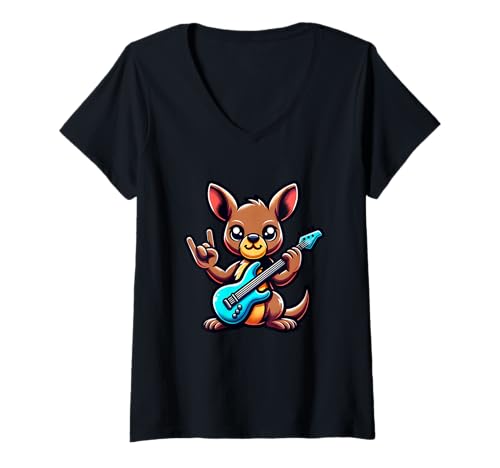 Damen E-Gitarre, Känguru Cool Mit Gitarre T-Shirt mit V-Ausschnitt von E-Gitarre, Känguru Rockt Musik
