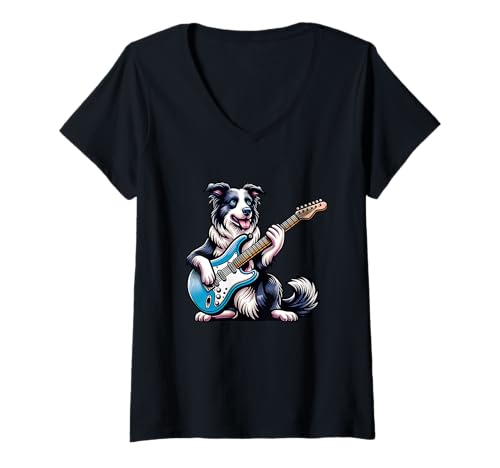 Damen E-Gitarre Border Collie Hund Rock T-Shirt mit V-Ausschnitt von E-Gitarre Border Collie Hund Rock Musik