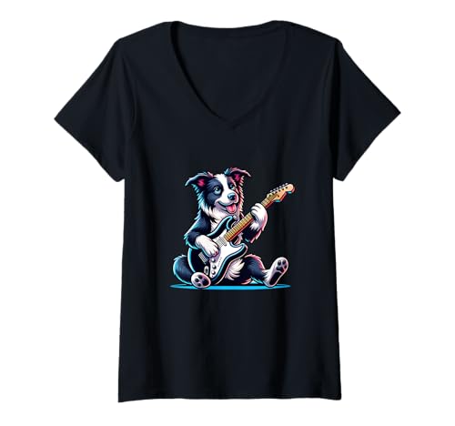 Damen E-Gitarre Border Collie Rockt Die Bühne T-Shirt mit V-Ausschnitt Damen E-Gitarre Border Collie Rockt Die Bühne T-Shirt mit V-Ausschnitt von E-Gitarre Border Collie Musikliebhaber