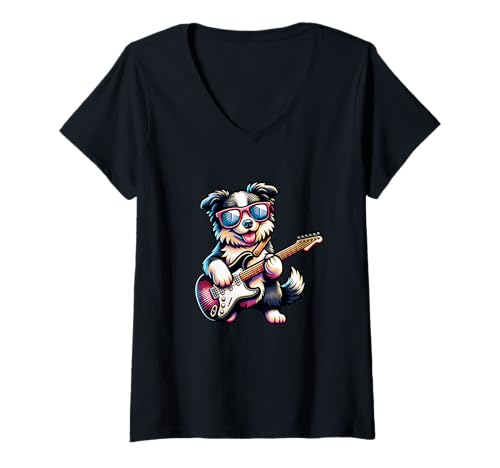 Damen Cooler Border Collie Mit E-Gitarre T-Shirt mit V-Ausschnitt von E-Gitarre Border Collie Rock Musik Lustig