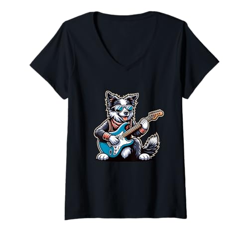 Damen E-Gitarre Border Collie Hund Rockt Mit Stil T-Shirt mit V-Ausschnitt von E-Gitarre Border Collie Rocker Sound Hund