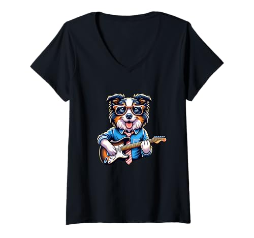 Damen E-Gitarre Collie Hund Mit Brille Coole Musik T-Shirt mit V-Ausschnitt Damen E-Gitarre Collie Hund Mit Brille Coole Musik T-Shirt mit V-Ausschnitt von E-Gitarre Collie Hund Rock Musik Tier