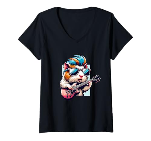Damen E-Gitarre Cool Hamster Mit Sonnenbrille T-Shirt mit V-Ausschnitt von E-Gitarre Cool Hamster Musikliebhaber