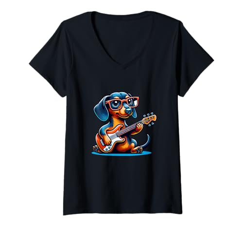 Damen Dackel Mit E-Gitarre Für Musikliebhaber T-Shirt mit V-Ausschnitt von E-Gitarre Dackel Liebhaber Musikfreunde