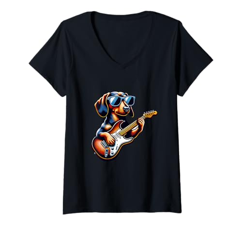 Damen E-Gitarre Dackel Rockt Mit Sonnenbrille T-Shirt mit V-Ausschnitt von E-Gitarre Dackel Mit Sonnenbrille Coole Melodie