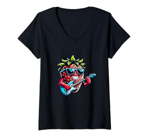 Damen Coole E-Gitarre Erdbeere Mit Sonnenbrille T-Shirt mit V-Ausschnitt von E-Gitarre Erdbeere Rock Musik Frucht