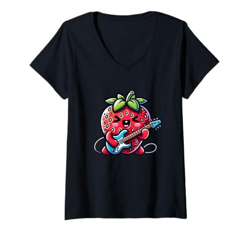 Damen Rockige Erdbeere Mit E-Gitarre Motiv T-Shirt mit V-Ausschnitt Damen Rockige Erdbeere Mit E-Gitarre Motiv T-Shirt mit V-Ausschnitt von E-Gitarre Erdbeere Rock Musik Spaß