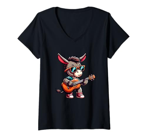 Damen E-Gitarre Esel Mit Sonnenbrille T-Shirt mit V-Ausschnitt Damen E-Gitarre Esel Mit Sonnenbrille T-Shirt mit V-Ausschnitt von E-Gitarre Esel Musik Cool Tier