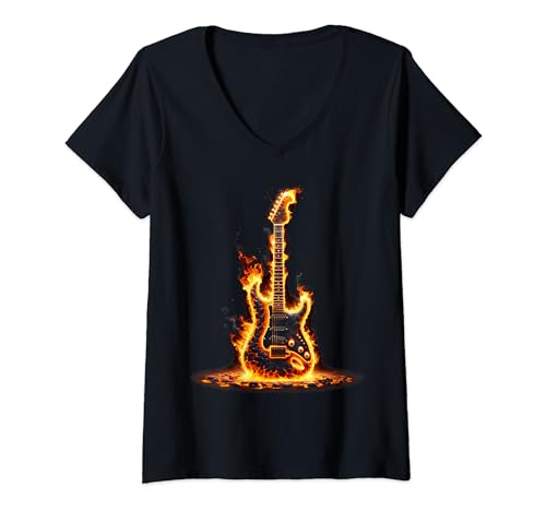 Damen E-Gitarre aus Feuer und Flammen T-Shirt mit V-Ausschnitt Damen E-Gitarre aus Feuer und Flammen T-Shirt mit V-Ausschnitt von E-Gitarre Gitarrist