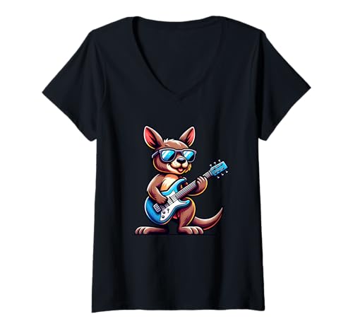 Damen E-Gitarre Kangaroo Rockt Mit Stil T-Shirt mit V-Ausschnitt Damen E-Gitarre Kangaroo Rockt Mit Stil T-Shirt mit V-Ausschnitt von E-Gitarre Kangaroo Musiker Stilvoll