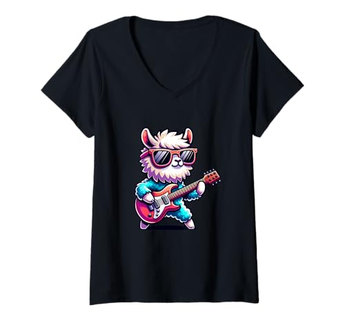 Damen Cooler E-Gitarre Llama Rockt Mit Stil T-Shirt mit V-Ausschnitt von E-Gitarre Llama Mit Sonnenbrille Musik