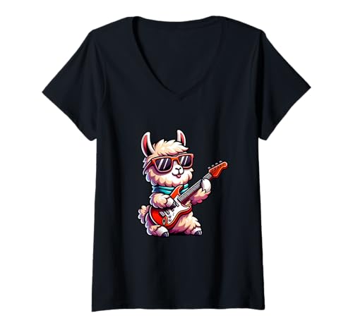 Damen Cooles Llama Mit E-Gitarre Grafik T-Shirt mit V-Ausschnitt Damen Cooles Llama Mit E-Gitarre Grafik T-Shirt mit V-Ausschnitt von E-Gitarre Llama Musik Liebhaber Fans