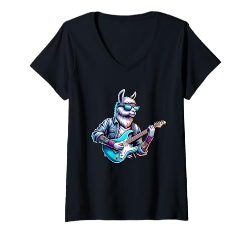 Damen E-Gitarre Llama Cool Llama Mit Gitarre T-Shirt mit V-Ausschnitt Damen E-Gitarre Llama Cool Llama Mit Gitarre T-Shirt mit V-Ausschnitt von E-Gitarre Llama Rockt Musiker Llama