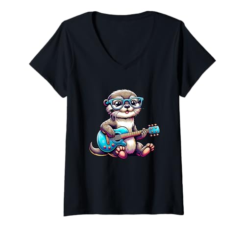 Damen E-Gitarre Otter Mit Brille Und Spaß T-Shirt mit V-Ausschnitt Damen E-Gitarre Otter Mit Brille Und Spaß T-Shirt mit V-Ausschnitt von E-Gitarre Otter Musik Leidenschaft