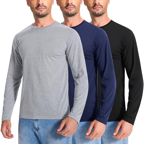 E-LIINJOYE 3 Pack Baumwolle Langarmshirts Herren Basic Rundhals Unterhemden Langarm Tshirts Komfort Freizeit Arbeit Longsleeve Tops Männer-XL,3P1 von E-LIINJOYE