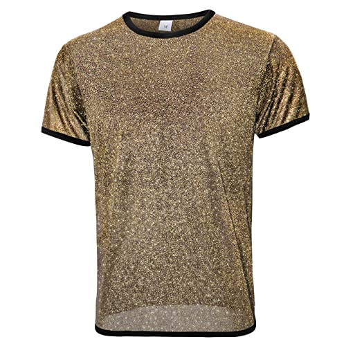 E-LIINJOYE Herren-T-Shirts aus Netzgewebe mit Glitzer, schwarz / goldfarben, L von E-LIINJOYE