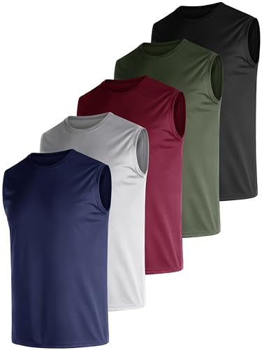 Herren 3er-Pack Dry Fit Quick Dry Tech Performance Ärmellose T-Shirts Mesh Workout Gym Muskel Laufen Tank Tops, Militärgrün/Rot/Grau/Dunkelblau/Schwarz, XL von E-LIINJOYE