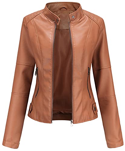 E-Qianw Womens Faux Lederjacke, Kurze PU-Reißverschluss Moto Biker Outwear Slim Mantel,Camel,L von E-Qianw