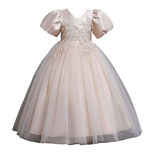E-girl Blumensmädchenkleid Prinzessin Kleid Beige Festliches Kinderkleid Kurzarm Gestickt Tüll Party Festliche Hochzeit Kleid 6-7 Jahre,E5817 von E-girl
