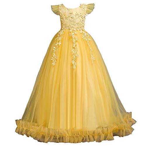E-girl Blumensmädchenkleid Prinzessin Kleid Gelb Festliches Kinderkleid Ohne Arm Spitze Tüll Party Festliche Hochzeit Kleid 5-6 Jahre,E833 von E-girl