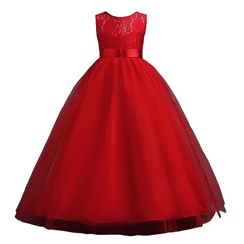 E-girl Blumensmädchenkleid Prinzessin Kleid Rot Festliches Kinderkleid Ohne Arm Gestickt Tüll Party Festliche Hochzeit Kleid 9-10 Jahre,E9999 von E-girl