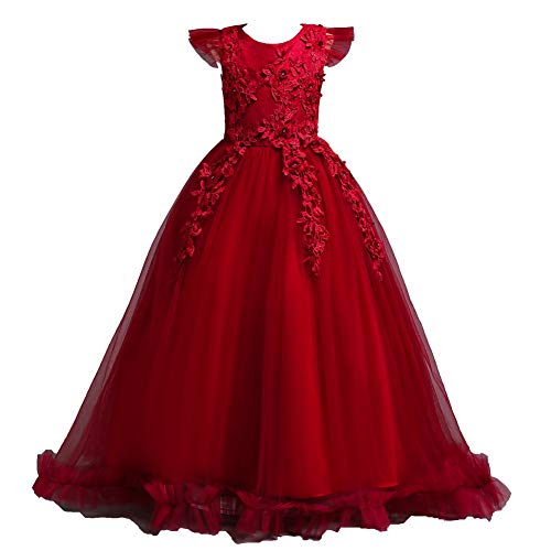 E-girl Blumensmädchenkleid Prinzessin Kleid Rot Festliches Kinderkleid Ohne Arm Spitze Tüll Party Festliche Hochzeit Kleid 9-10 Jahre,E833 von E-girl