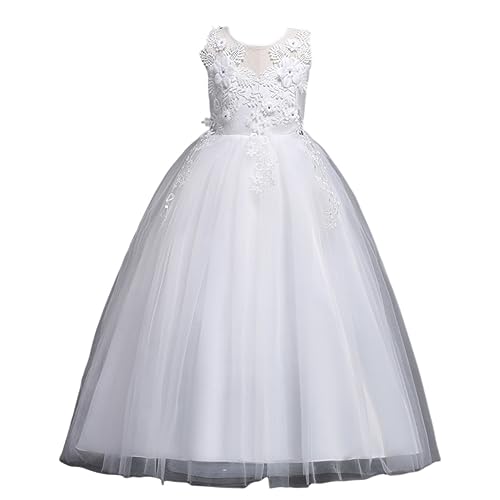 E-girl Blumensmädchenkleid Prinzessin Kleid Weiß Festliches Kinderkleid Ohne Arm Spitze Tüll Party Festliche Hochzeit Kleid 7-8 Jahre,E832 von E-girl