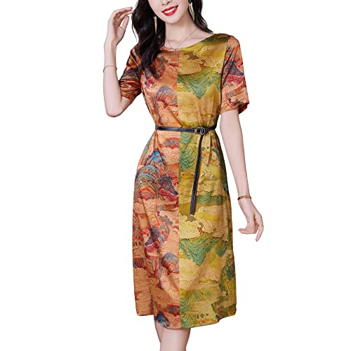 E-girl Braun Seide Damen Kleid Kurzarm Bindegürtel Elegant Seidenkleid Rundhals Midi Freizeitkleid Bedrucktes A-Linie Sommerkleid,42,E23031 von E-girl