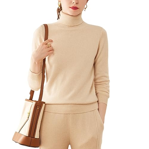 E-girl Damen Kaschmir-Mischung Pullover Beige Rollkragen Langarm Strickpullover Einfarbige Relaxed Dünner Kaschmir&Wolle Pullover,38,ER3301 von E-girl