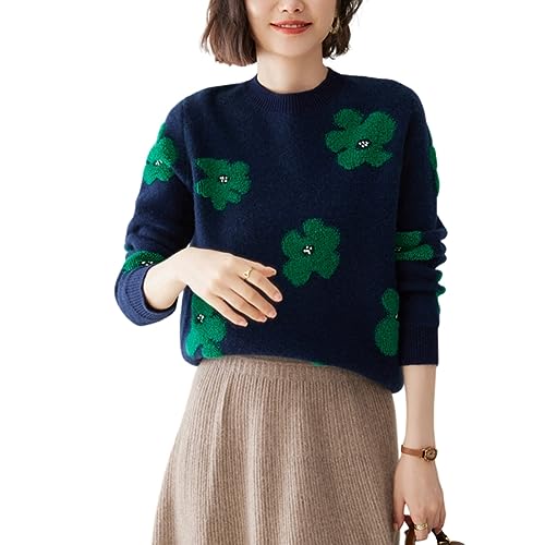 E-girl Damen 95% Kaschmir Pullover Blau Rundhals Langarm Strickpullover Kaschmir Wolle Blumen Relaxed Dicker Pullover,38,YD2307 von E-girl