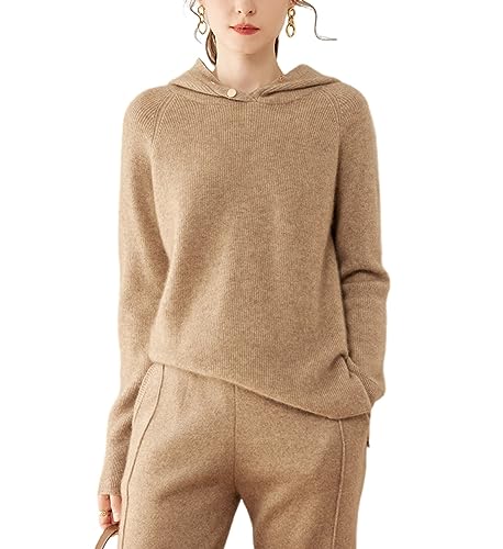 E-girl Damen Kaschmir-Mischung Pullover Braun Kapuzen Langarm Strickpullover Einfarbige Relaxed Dicker Kaschmir&Wolle Pullover,38,ER3307 von E-girl