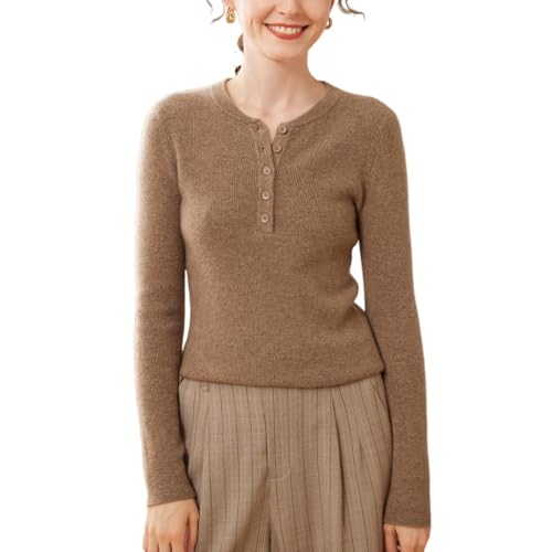 E-girl Damen Kaschmir-Mischung Pullover Braun Rundhals Langarm Strickpullover Damen Knöpfen Schlanker Dünner Kaschmir&Wolle Pullover,EU 40,ESP2440 von E-girl