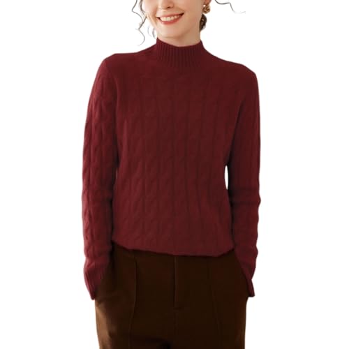 E-girl Damen Kaschmir-Mischung Pullover Burgunderrot Stehkragen Langarm Strickpullover Damen Zopfmuster Relaxed Dicker Kaschmir&Wolle Pullover,EU 38,ES535 von E-girl