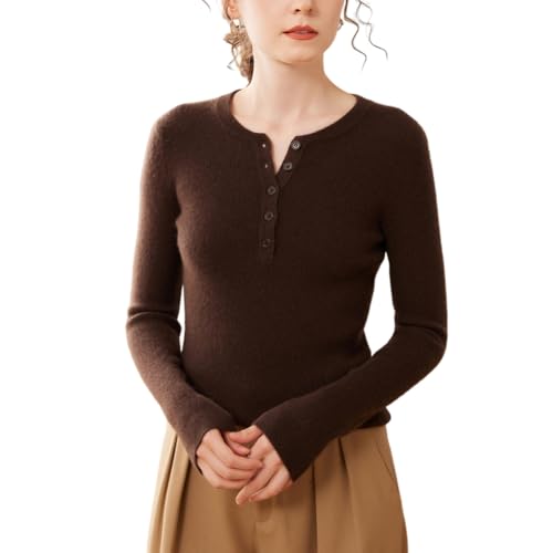 E-girl Damen Kaschmir-Mischung Pullover Dunkelbraun Rundhals Langarm Strickpullover Damen Knöpfen Schlanker Dünner Kaschmir&Wolle Pullover,EU 38,ESP2440 von E-girl
