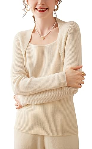 E-girl Damen 95% Kaschmir Pullover Elfenbein Eckiger Kragen Langarm Strickpullover Kaschmir Wolle Einfarbige Schlanker Dicker Pullover,36,DF8008 von E-girl