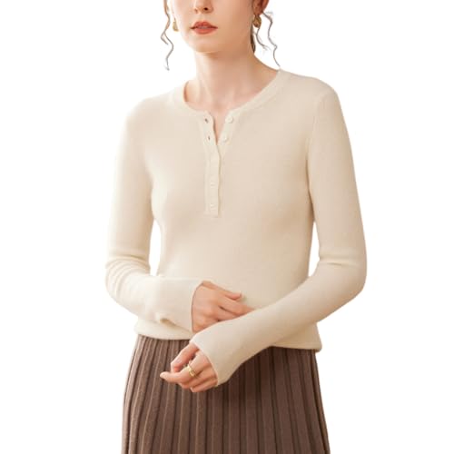 E-girl Damen Kaschmir-Mischung Pullover Elfenbein Rundhals Langarm Strickpullover Damen Knöpfen Schlanker Dünner Kaschmir&Wolle Pullover,EU 38,ESP2440 von E-girl