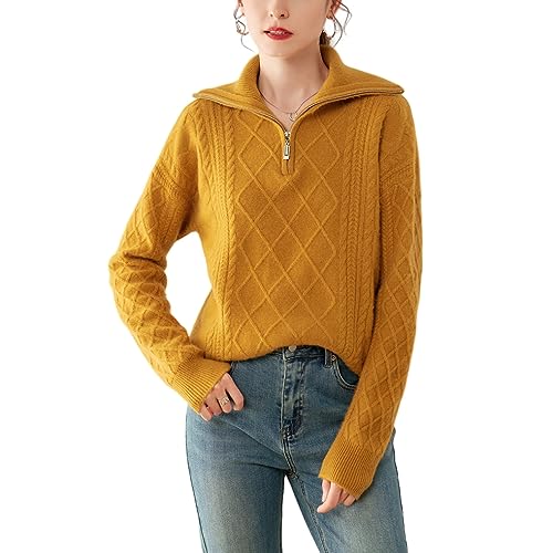 E-girl Damen 95% Kaschmir Pullover Gelb Revers Langarm Strickpullover Kaschmir Wolle Karierter Relaxed Dicker Pullover,44,RMS3318 von E-girl