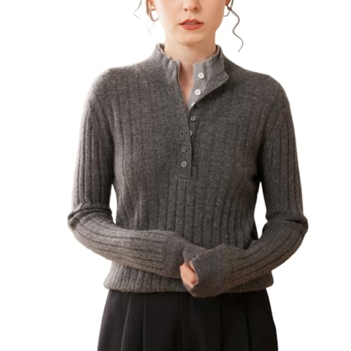 E-girl Damen Kaschmir-Mischung Pullover Grau Stehkragen Langarm Strickpullover Damen Knöpfen Schlanker Dünner Kaschmir&Wolle Pullover,EU 44,ESP2427 von E-girl
