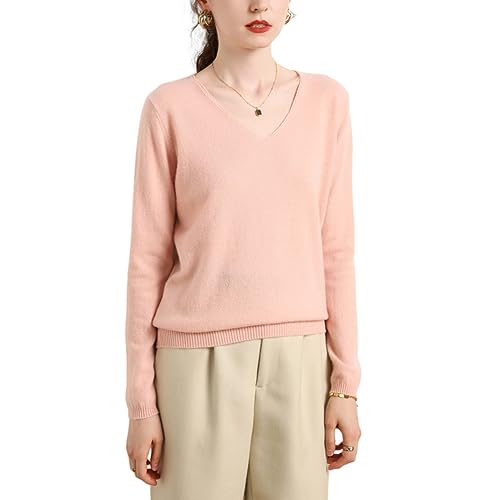 E-girl Damen 95% Kaschmir Pullover Hellrosa V-Ausschnitt Langarm Strickpullover Kaschmir Wolle Einfarbige Relaxed Dünner Pullover,36,MZ2010 von E-girl