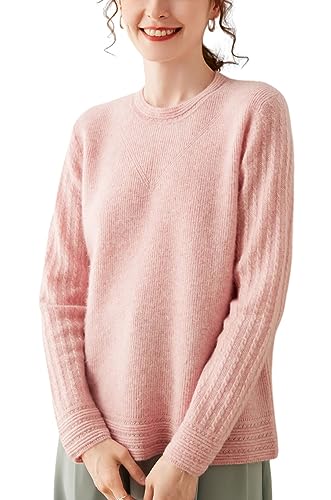 E-girl Damen 95% Kaschmir Pullover Rosa Rundhals Langarm Strickpullover Kaschmir Wolle Zopfmuster Relaxed Dicker Pullover,38,DF8016 von E-girl