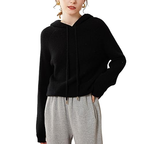 E-girl Damen 95% Kaschmir Pullover Schwarz Kapuzen Langarm Strickpullover Kaschmir Wolle Einfarbige Relaxed Dicker Pullover,42,SPR1210 von E-girl