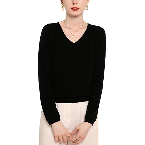 E-girl Damen Kaschmir-Mischung Pullover Schwarz V-Ausschnitt Langarm Strickpullover Einfarbige Relaxed Dünner Kaschmir&Wolle Pullover,40,EM2010 von E-girl