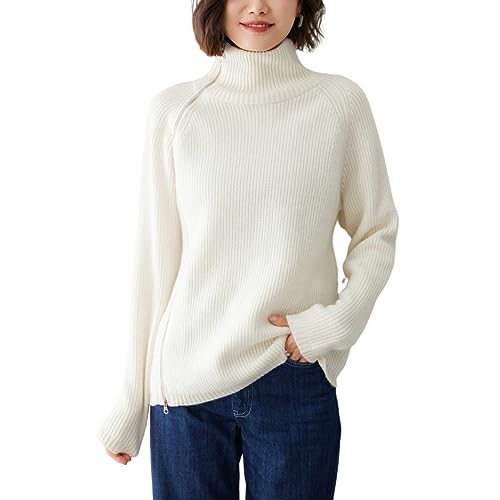 E-girl Damen Kaschmir-Mischung Pullover Weiß Stehkragen Langarm Strickpullover Reißverschluss Relaxed Dicker Kaschmir&Wolle Pullover,36,EY2333 von E-girl