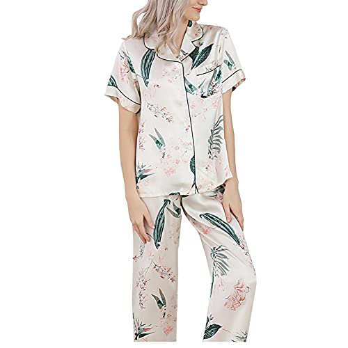 E-girl Damen Beige Blumen 100% Seide Pyjama-Set Oberteil und Capri-Hose Schlafanzug Kurzarm 19 Momme Seidenpyjama,L,T8247 von E-girl