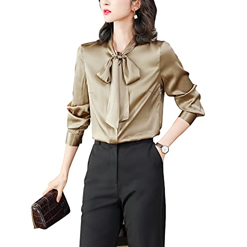 E-girl Damen Beige Hemdbluse Seide Solide Button Down Hemden Damenbluse Langarm Krawatte Seidenbluse,M,S6620 von E-girl