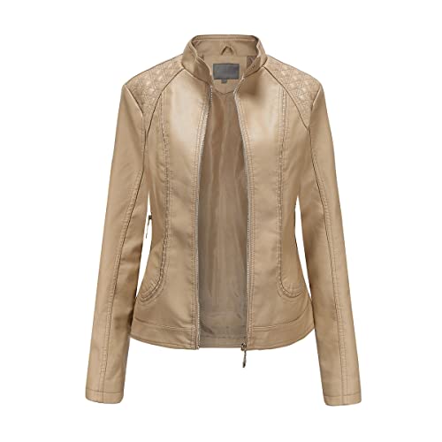 E-girl Damen Beige Kunstleder Motorrad Jacke Lederjacke Schlank Reißverschluss Stehkragen Kurz Mantel,40,PB536 von E-girl