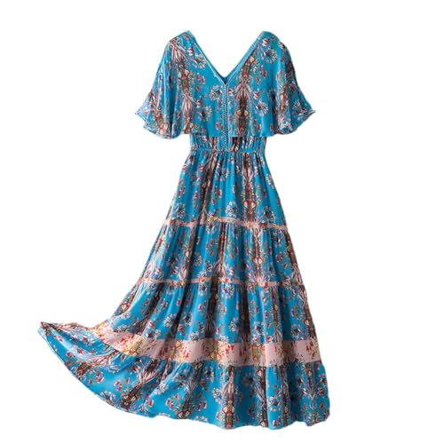 E-girl Damen Blau Seidenkleid Blumen V-Ausschnitt Ohne Arm 100% Seide Kleid Luftiges Elastische Taillen Falten Langes Mulberry Seidenkleid,EU 46,D2027 von E-girl