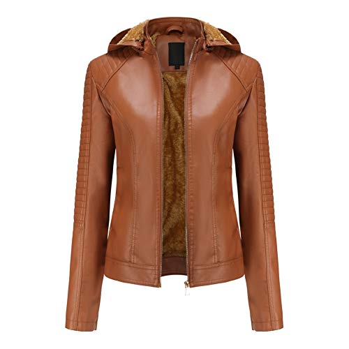 E-girl Damen Braun Kunstleder Freizeitjacke Lederjacke Schlank Reißverschluss mit Kapuze Kurz Mantel,38,P6677 von E-girl