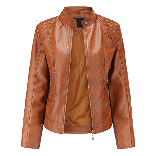 E-girl Damen Braun Kunstleder Motorrad Jacke Lederjacke Schlank Reißverschluss Stehkragen Kurz Mantel,40,PB536 von E-girl