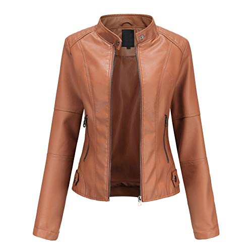 E-girl Damen Braun Kunstleder Motorrad Jacke Lederjacke Schlank Reißverschluss Stehkragen Kurz Mantel,42,PN767 von E-girl